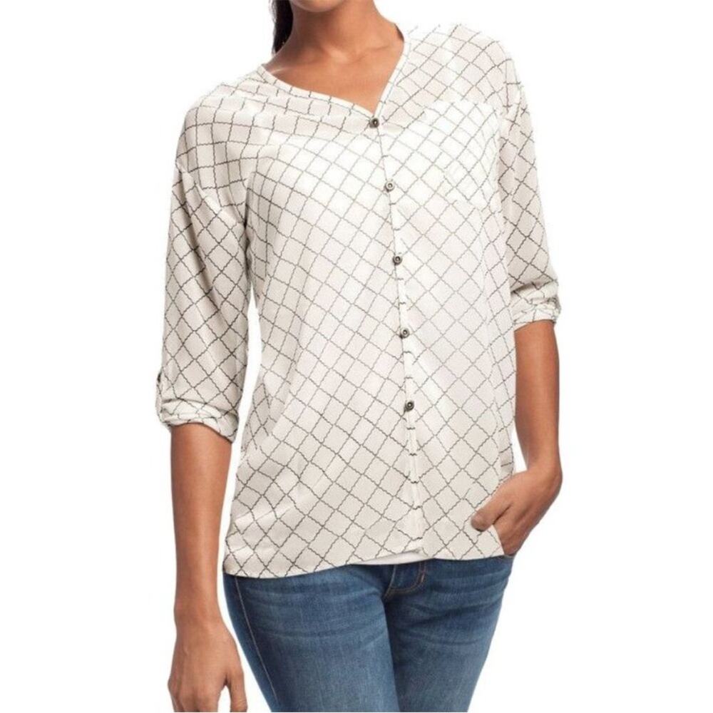 CABI Women’s #740 Sheer Chessboard Plaid Top Blouse Size Medium Black And White